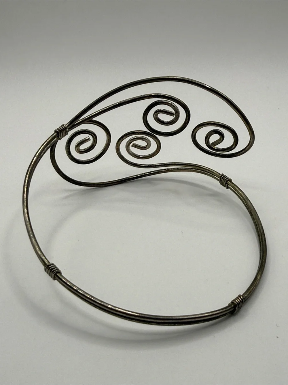 Vintage Silver Tone Wire Wrapped Large Cuff Bangle Statement Bracelet